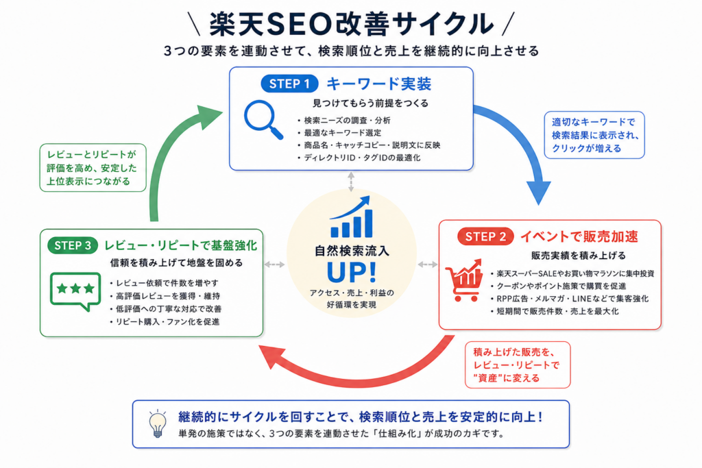 「楽天SEO改善サイクル」の循環フロー図